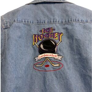 THREE RIVERS‎ Womens Denim Shirt Long Sleeve Ice Hockey Embroidered Collared M